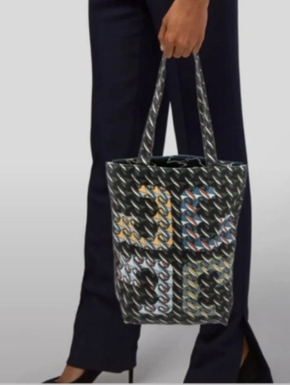 Tory Burch-Swan 🦢Ribbon Abstract Geometric Canvas Tote Bag 🖤